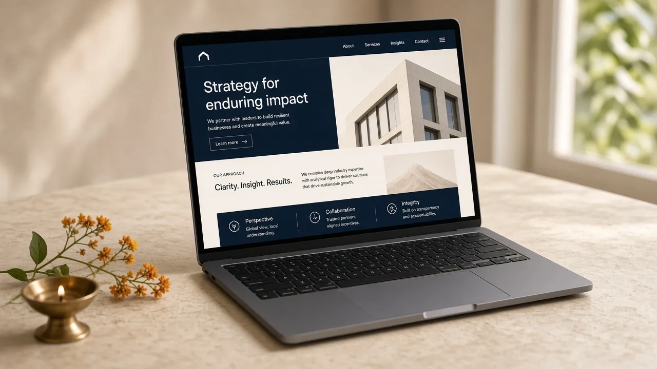 A business website on a laptop, with a warm festive accent