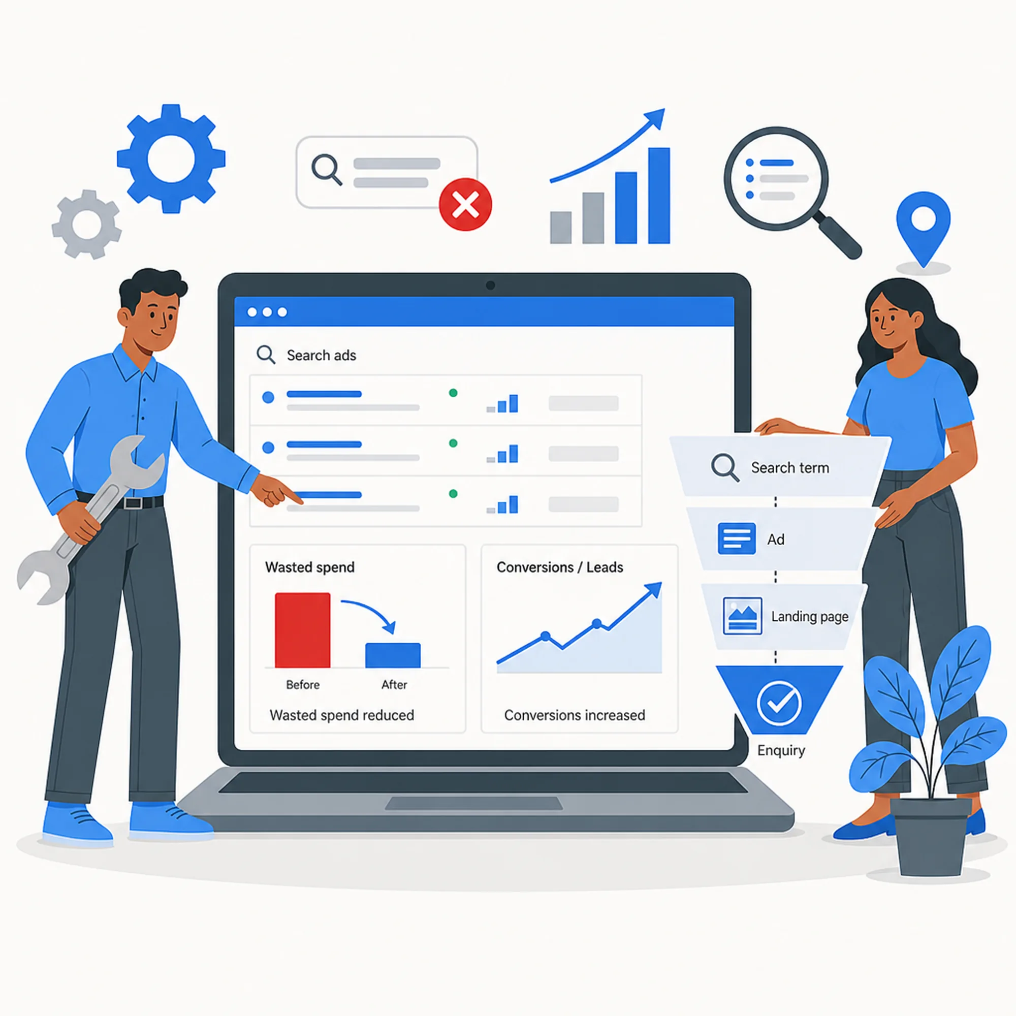 Illustration of specialists auditing a Google Ads account to cut wasted spend and improve conversions